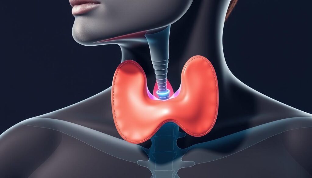 A detailed cross-section diagram depicting the human thyroid gland and its intricate relationship with iodine levels. The gland is showcased in vivid detail, with a focus on its internal structure and the dynamic interplay between iodine concentration and thyroid hormone production. The image is rendered in a clean, technical style using muted hues and precise linework, emphasizing the biological complexity and importance of this vital endocrine system. Soft, directional lighting illuminates the scene, casting subtle shadows that enhance the three-dimensional quality of the illustration. The overall mood is one of scientific precision and informative clarity, serving to elucidate the critical role of iodine in supporting healthy thyroid function and energy levels. A detailed cross-section diagram depicting the human thyroid gland and its intricate relationship with iodine levels. The gland is showcased in vivid detail, with a focus on its internal structure and the dynamic interplay between iodine concentration and thyroid hormone production. The image is rendered in a clean, technical style using muted hues and precise linework, emphasizing the biological complexity and importance of this vital endocrine system. Soft, directional lighting illuminates the scene, casting subtle shadows that enhance the three-dimensional quality of the illustration. The overall mood is one of scientific precision and informative clarity, serving to elucidate the critical role of iodine in supporting healthy thyroid function and energy levels.
