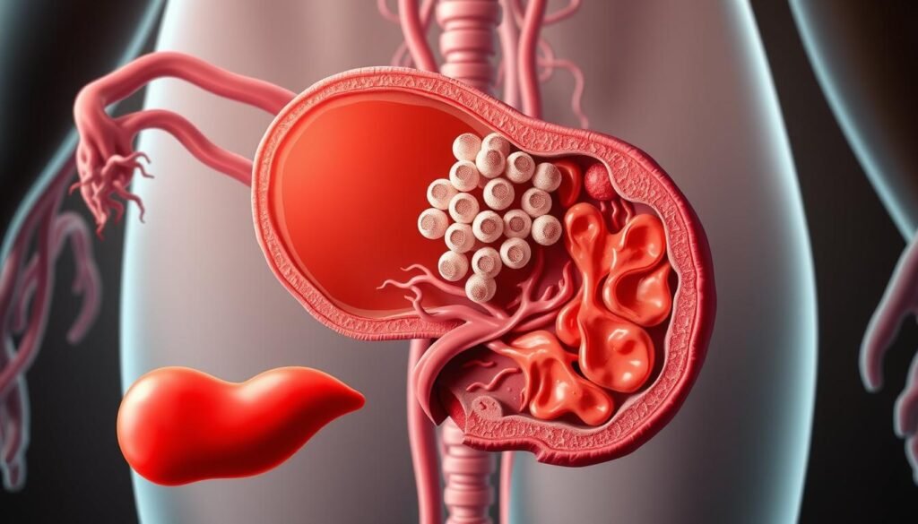 A detailed cross-section illustration depicting the internal mechanisms of insulin resistance in polycystic ovary syndrome (PCOS). In the foreground, a simplified pancreas and liver are shown, with the liver cells exhibiting impaired insulin signaling. In the middle ground, a cluster of ovarian follicles illustrates the hormonal imbalances characteristic of PCOS. The background features a network of blood vessels and neural pathways, highlighting the systemic effects of insulin resistance. The lighting is soft and diffused, conveying a sense of medical authenticity. The overall tone is one of scientific exploration, aiming to visually explain the complex physiological underpinnings of this condition. A detailed cross-section illustration depicting the internal mechanisms of insulin resistance in polycystic ovary syndrome (PCOS). In the foreground, a simplified pancreas and liver are shown, with the liver cells exhibiting impaired insulin signaling. In the middle ground, a cluster of ovarian follicles illustrates the hormonal imbalances characteristic of PCOS. The background features a network of blood vessels and neural pathways, highlighting the systemic effects of insulin resistance. The lighting is soft and diffused, conveying a sense of medical authenticity. The overall tone is one of scientific exploration, aiming to visually explain the complex physiological underpinnings of this condition.