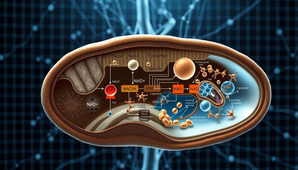 A detailed cross-section illustration of the NAD metabolic pathway, showcasing the conversion of precursors like niacin, tryptophan, and nicotinamide riboside into NAD+, the essential coenzyme that fuels cellular energy production. Rendered in a technical, scientific style with precise anatomical details, clean lines, and a muted color palette. The foreground depicts the chemical structures and enzymatic reactions, the middle ground highlights the cellular organelles involved, and the background features a softly blurred grid or network to convey the complex interconnectedness of this crucial metabolic process. Illuminated by cool, directional lighting to emphasize the intricate mechanisms at work, captured through a wide-angle lens for maximum visual impact. A detailed cross-section illustration of the NAD metabolic pathway, showcasing the conversion of precursors like niacin, tryptophan, and nicotinamide riboside into NAD+, the essential coenzyme that fuels cellular energy production. Rendered in a technical, scientific style with precise anatomical details, clean lines, and a muted color palette. The foreground depicts the chemical structures and enzymatic reactions, the middle ground highlights the cellular organelles involved, and the background features a softly blurred grid or network to convey the complex interconnectedness of this crucial metabolic process. Illuminated by cool, directional lighting to emphasize the intricate mechanisms at work, captured through a wide-angle lens for maximum visual impact.