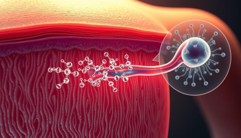 A detailed cross-section of skin, revealing the intricate process of transdermal magnesium absorption. In the foreground, the epidermis and dermis layers are visible, with magnesium chloride molecules permeating through the stratum corneum. In the middle ground, the magnesium ions are shown entering the bloodstream and being transported to the underlying tissues. The background depicts the cellular structure, highlighting the mechanisms by which the magnesium is incorporated into the cells, promoting improved sleep quality. The scene is illuminated by a soft, warm light, conveying a sense of physiological harmony and restorative function. A detailed cross-section of skin, revealing the intricate process of transdermal magnesium absorption. In the foreground, the epidermis and dermis layers are visible, with magnesium chloride molecules permeating through the stratum corneum. In the middle ground, the magnesium ions are shown entering the bloodstream and being transported to the underlying tissues. The background depicts the cellular structure, highlighting the mechanisms by which the magnesium is incorporated into the cells, promoting improved sleep quality. The scene is illuminated by a soft, warm light, conveying a sense of physiological harmony and restorative function.