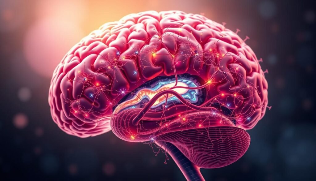 A detailed cross-section of the human brain, highlighting the neural circuits and pathways involved in the experience of gratitude. The foreground showcases intricate synaptic connections, pulsing with vibrant colors and energy, representing the complex interplay of neurotransmitters and neural activity. The middle ground reveals the key brain regions, such as the prefrontal cortex, limbic system, and reward centers, all working in concert to process and integrate the multifaceted aspects of gratitude. The background sets a serene, contemplative atmosphere, with soft lighting and a subtle ethereal glow, conveying the transcendent and transformative nature of this powerful emotion. The image should be rendered with a high level of scientific accuracy and visual elegance, capturing the wonder and complexity of the neuroscience of gratitude.
