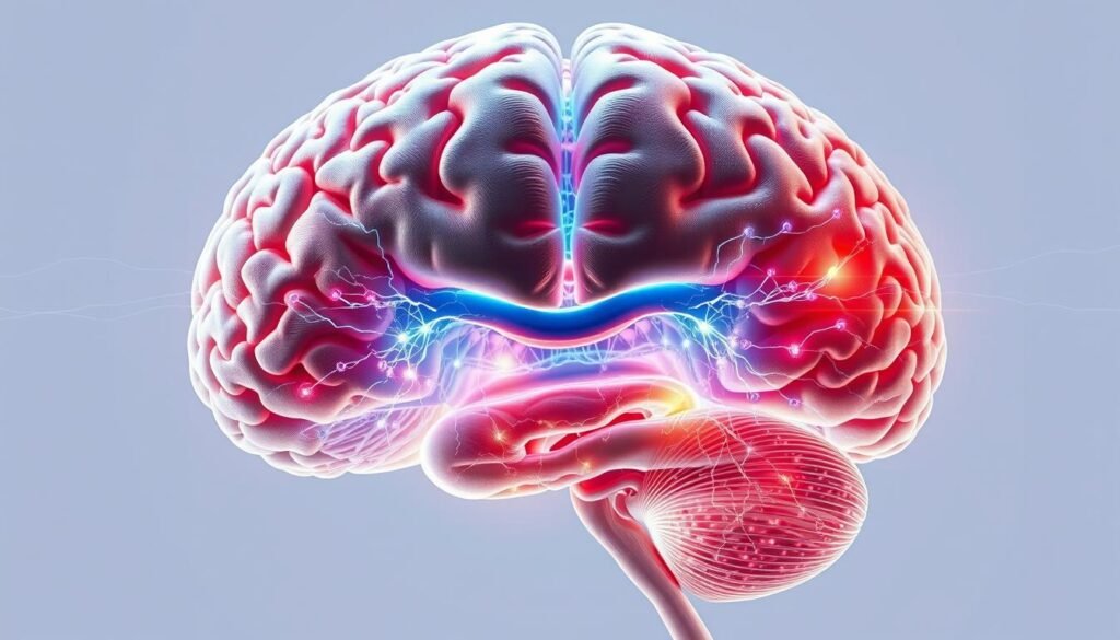 A detailed cross-section of the human brain, showcasing the intricate neural pathways and structures involved in bilateral stimulation. The brain is rendered in high-resolution, with a crisp, scientific aesthetic. The left and right hemispheres are highlighted, connected by the corpus callosum, illustrating the communication and coordination between the two sides. Subtle rays of light emanate from the neural networks, visualizing the dynamic flow of electrical impulses. The background is a clean, neutral tone, allowing the brain anatomy to take center stage. The overall composition conveys a sense of depth, complexity, and the profound neurological mechanisms underlying the benefits of bilateral stimulation.