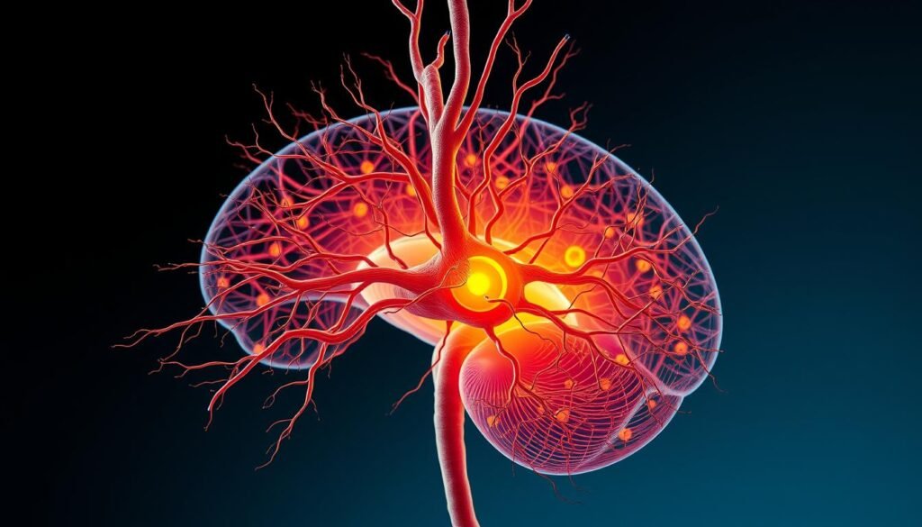 A detailed cross-section of the human nervous system, showcasing the intricate network of neurons, synapses, and pathways that regulate bodily functions. The image should depict the system in a vibrant, lifelike manner, with a mix of warm and cool tones to highlight the balance between the sympathetic and parasympathetic components. Subtle anatomical labels can be included to provide context, but the overall focus should be on the dynamic and interconnected nature of the nervous system. The composition should be well-balanced, with a clear sense of depth and perspective, inviting the viewer to explore the delicate equilibrium within the body's control center.