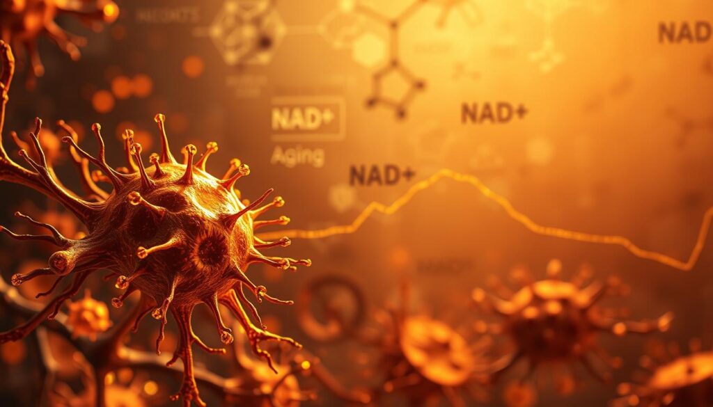A detailed illustration of "NAD levels" showcasing the science of cellular aging. In the foreground, a vibrant cellular landscape with glowing NAD+ molecules pulsing through intricate networks. In the middle ground, a stark line graph depicting the gradual decline of NAD+ levels over time, representing the aging process. The background features a soft, muted palette of scientific diagrams and microscopic imagery, creating a sense of depth and technical understanding. Warm, diffused lighting casts a subtle glow, emphasizing the dynamic, ever-changing nature of this essential metabolic compound. Captured with a wide-angle lens to provide a comprehensive, holistic view of this critical aspect of longevity and cellular health. A detailed illustration of "NAD levels" showcasing the science of cellular aging. In the foreground, a vibrant cellular landscape with glowing NAD+ molecules pulsing through intricate networks. In the middle ground, a stark line graph depicting the gradual decline of NAD+ levels over time, representing the aging process. The background features a soft, muted palette of scientific diagrams and microscopic imagery, creating a sense of depth and technical understanding. Warm, diffused lighting casts a subtle glow, emphasizing the dynamic, ever-changing nature of this essential metabolic compound. Captured with a wide-angle lens to provide a comprehensive, holistic view of this critical aspect of longevity and cellular health.