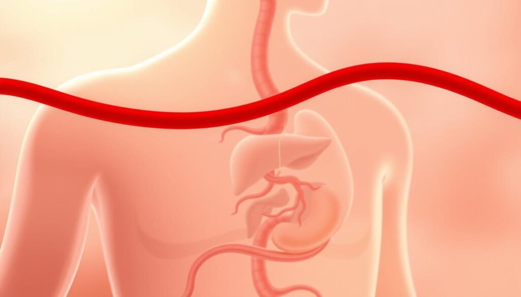 A detailed illustration of blood sugar levels, depicting a cross-section of the human body. In the foreground, a vibrant red line representing elevated blood sugar levels, winding through the body's circulatory system. In the middle ground, a simplified representation of the pancreas, liver, and other organs involved in glucose regulation, highlighted in muted tones. In the background, a soft, atmospheric gradient suggesting the broader context of overall health and wellness. The scene is illuminated by a warm, natural lighting, captured with a wide-angle lens to convey a sense of depth and proportion. The mood is one of informative clarity, guiding the viewer's understanding of the relationship between blood sugar and holistic well-being.