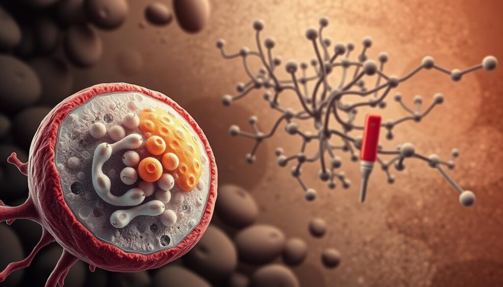 A detailed illustration of insulin resistance, showcasing the biological mechanisms at play. In the foreground, a cross-section of a human cell, with insulin receptors on the cell membrane impaired and glucose molecules accumulating within the cytoplasm. In the middle ground, a network of insulin signaling pathways, visually disrupted and dysfunctional. In the background, a textured backdrop of metabolic processes, with subtle hints of hormonal imbalances characteristic of polycystic ovary syndrome. Rendered in a realistic, scientific style with a muted color palette, emphasizing the complex physiological underpinnings of this condition. A detailed illustration of insulin resistance, showcasing the biological mechanisms at play. In the foreground, a cross-section of a human cell, with insulin receptors on the cell membrane impaired and glucose molecules accumulating within the cytoplasm. In the middle ground, a network of insulin signaling pathways, visually disrupted and dysfunctional. In the background, a textured backdrop of metabolic processes, with subtle hints of hormonal imbalances characteristic of polycystic ovary syndrome. Rendered in a realistic, scientific style with a muted color palette, emphasizing the complex physiological underpinnings of this condition.