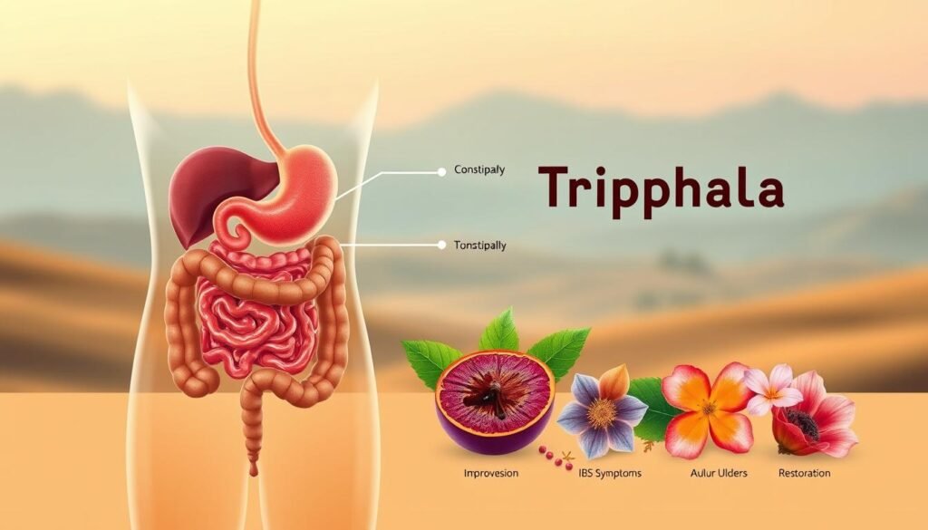 A detailed illustration of the digestive benefits of Triphala, a natural Ayurvedic remedy. In the foreground, a cutaway view of the human digestive system, showcasing the gut lining and highlighting areas of improvement, such as reduced constipation, IBS symptoms, and ulcers. The middle ground features vibrant, botanically accurate illustrations of the Triphala fruit, leaves, and flowers, symbolizing its restorative properties. The background is a serene, warm-toned landscape, conveying a sense of balance and harmony. The lighting is soft and diffused, creating a soothing, contemplative atmosphere. The overall composition is clean, visually striking, and designed to educate and inform the viewer about the research-backed digestive benefits of this ancient herbal remedy.