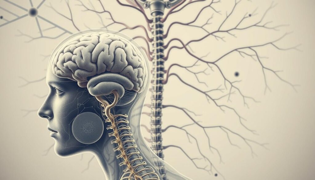 A detailed illustration of the human nervous system, showcasing the intricate network of neurons, synapses, and the spinal cord. The foreground features a close-up view of the brain, with the cerebrum, cerebellum, and brainstem prominently displayed. The middle ground highlights the spinal cord and the branching nerve fibers, while the background subtly depicts the sympathetic and parasympathetic nervous systems. The image is rendered in a soft, muted color palette, creating a calming and introspective atmosphere, appropriate for the article's focus on herbs that can soothe the nervous system for restful sleep. A detailed illustration of the human nervous system, showcasing the intricate network of neurons, synapses, and the spinal cord. The foreground features a close-up view of the brain, with the cerebrum, cerebellum, and brainstem prominently displayed. The middle ground highlights the spinal cord and the branching nerve fibers, while the background subtly depicts the sympathetic and parasympathetic nervous systems. The image is rendered in a soft, muted color palette, creating a calming and introspective atmosphere, appropriate for the article's focus on herbs that can soothe the nervous system for restful sleep.