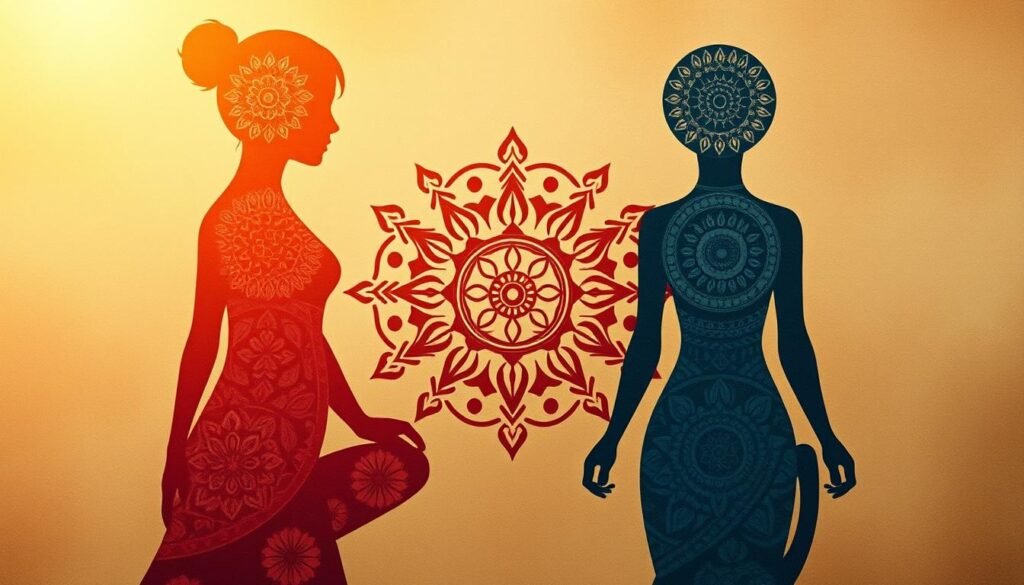 A detailed illustration showcasing the three Ayurvedic doshas - vata, pitta, and kapha - as they relate to the natural rhythms of a person's menstrual cycle. In the foreground, three distinct silhouettes representing the doshas, each with unique patterns and colors that evoke their elemental qualities. In the middle ground, a central mandala-like design depicting the cyclical nature of the menstrual flow, with ebb and flow motifs. In the background, subtle organic textures and soft, warm lighting create a serene, introspective atmosphere, inviting the viewer to connect with the deeper wisdom of Ayurvedic principles. The overall composition should convey a sense of balance, harmony, and the intimate relationship between a person's constitution and their menstrual experience. A detailed illustration showcasing the three Ayurvedic doshas - vata, pitta, and kapha - as they relate to the natural rhythms of a person's menstrual cycle. In the foreground, three distinct silhouettes representing the doshas, each with unique patterns and colors that evoke their elemental qualities. In the middle ground, a central mandala-like design depicting the cyclical nature of the menstrual flow, with ebb and flow motifs. In the background, subtle organic textures and soft, warm lighting create a serene, introspective atmosphere, inviting the viewer to connect with the deeper wisdom of Ayurvedic principles. The overall composition should convey a sense of balance, harmony, and the intimate relationship between a person's constitution and their menstrual experience.