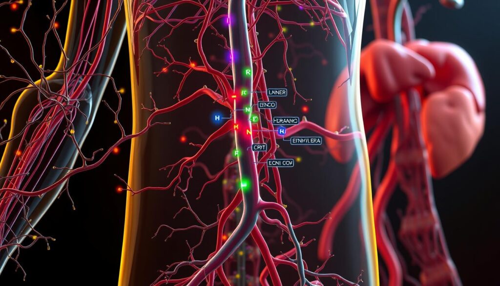 A detailed, macro-level view of the human metabolic system, captured in a high-resolution, photorealistic illustration. The foreground depicts the intricate network of blood vessels, nerves, and glands that regulate energy production and distribution throughout the body. The middle ground showcases the complex metabolic pathways, with key enzymes and hormones highlighted in vibrant colors. The background presents a stylized, anatomical rendering of the major organs involved in metabolism, such as the liver, pancreas, and adipose tissue, all bathed in a warm, natural lighting that accentuates the organic forms. The overall composition conveys a sense of balance, efficiency, and the delicate interplay between various physiological systems that underpin the body's energy management. A detailed, macro-level view of the human metabolic system, captured in a high-resolution, photorealistic illustration. The foreground depicts the intricate network of blood vessels, nerves, and glands that regulate energy production and distribution throughout the body. The middle ground showcases the complex metabolic pathways, with key enzymes and hormones highlighted in vibrant colors. The background presents a stylized, anatomical rendering of the major organs involved in metabolism, such as the liver, pancreas, and adipose tissue, all bathed in a warm, natural lighting that accentuates the organic forms. The overall composition conveys a sense of balance, efficiency, and the delicate interplay between various physiological systems that underpin the body's energy management.