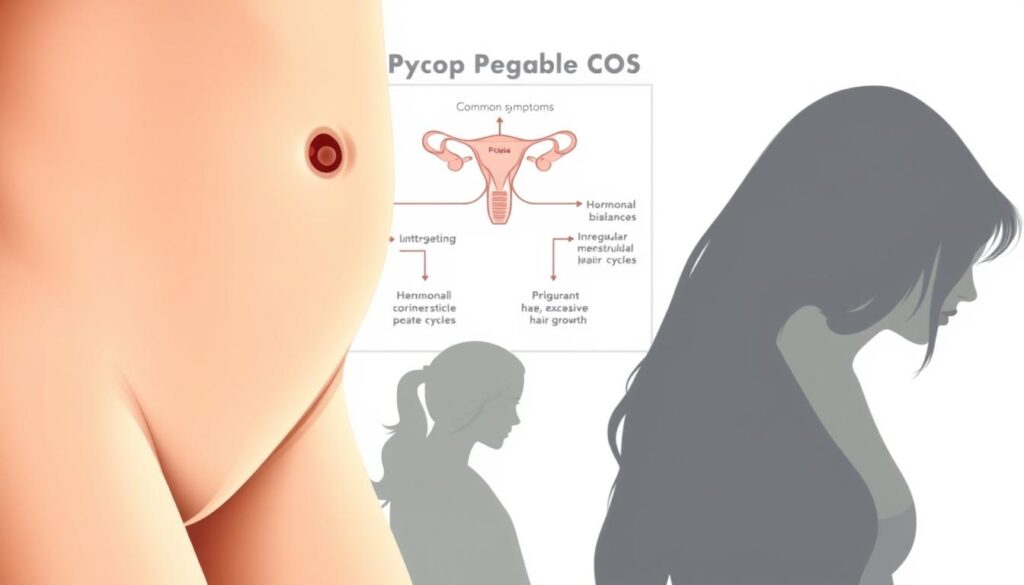 A detailed medical illustration depicting the common symptoms of polycystic ovary syndrome (PCOS). In the foreground, a close-up view of a female abdomen shows enlarged ovaries with multiple cysts. The middle ground features a schematic diagram highlighting hormonal imbalances, irregular menstrual cycles, and excessive hair growth. In the background, subtle silhouettes of a woman's profile convey the emotional impact of PCOS, with moods of frustration and fatigue. Rendered in a muted, clinical color palette with crisp lines and precise anatomical details to educate and inform. Captured under soft, indirect lighting to evoke a sense of medical authority and scientific understanding. A detailed medical illustration depicting the common symptoms of polycystic ovary syndrome (PCOS). In the foreground, a close-up view of a female abdomen shows enlarged ovaries with multiple cysts. The middle ground features a schematic diagram highlighting hormonal imbalances, irregular menstrual cycles, and excessive hair growth. In the background, subtle silhouettes of a woman's profile convey the emotional impact of PCOS, with moods of frustration and fatigue. Rendered in a muted, clinical color palette with crisp lines and precise anatomical details to educate and inform. Captured under soft, indirect lighting to evoke a sense of medical authority and scientific understanding.