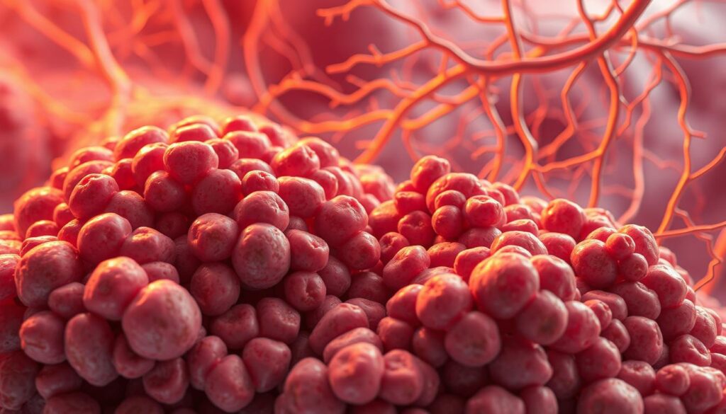 A detailed microscopic view of brown fat tissue undergoing active metabolism. In the foreground, clusters of brown adipocytes with their distinctive multilocular lipid droplets and abundant mitochondria. In the middle ground, a network of blood vessels and capillaries supplying oxygen and nutrients to fuel the thermogenic activity. The background features an intricate web of sympathetic nerve fibers, triggering the release of norepinephrine to stimulate brown fat's metabolic pathways. The scene is illuminated by a warm, golden light, conveying the energy and dynamism of this biological process. Captured with a high-resolution, close-up lens to showcase the cellular-level details of this cold-activated fat-burning mechanism. A detailed microscopic view of brown fat tissue undergoing active metabolism. In the foreground, clusters of brown adipocytes with their distinctive multilocular lipid droplets and abundant mitochondria. In the middle ground, a network of blood vessels and capillaries supplying oxygen and nutrients to fuel the thermogenic activity. The background features an intricate web of sympathetic nerve fibers, triggering the release of norepinephrine to stimulate brown fat's metabolic pathways. The scene is illuminated by a warm, golden light, conveying the energy and dynamism of this biological process. Captured with a high-resolution, close-up lens to showcase the cellular-level details of this cold-activated fat-burning mechanism.
