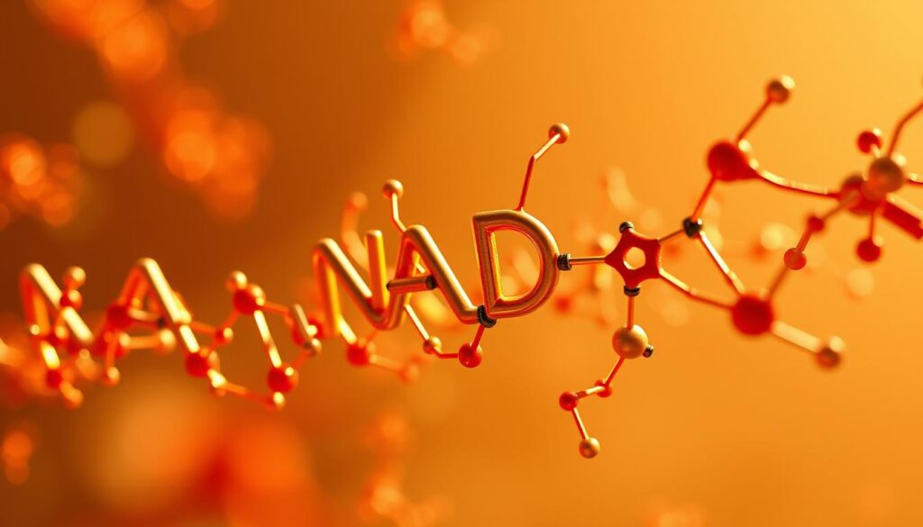 A detailed, molecular-level illustration of nicotinamide adenine dinucleotide (NAD+), the essential coenzyme found in every cell. Rendered with photorealistic clarity, the image showcases the complex, intricate structure of the NAD+ molecule, with its characteristic adenine, ribose, and nicotinamide components. The scene is bathed in a warm, natural light, creating a sense of scientific elegance and biological significance. The perspective is slightly elevated, allowing the viewer to appreciate the three-dimensional form and the delicate bonds within the NAD+ structure. The background is a clean, minimalist setting, placing the focus entirely on the captivating molecular details of this vital biological compound. A detailed, molecular-level illustration of nicotinamide adenine dinucleotide (NAD+), the essential coenzyme found in every cell. Rendered with photorealistic clarity, the image showcases the complex, intricate structure of the NAD+ molecule, with its characteristic adenine, ribose, and nicotinamide components. The scene is bathed in a warm, natural light, creating a sense of scientific elegance and biological significance. The perspective is slightly elevated, allowing the viewer to appreciate the three-dimensional form and the delicate bonds within the NAD+ structure. The background is a clean, minimalist setting, placing the focus entirely on the captivating molecular details of this vital biological compound.