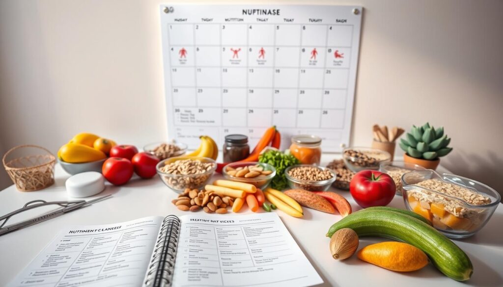 A detailed nutrition planner laid out on a clean, minimalist desk. In the foreground, a meal planning notebook with dietary guidelines, calorie counts, and macronutrient breakdowns for each phase of the menstrual cycle. In the middle ground, an assortment of fresh produce, whole grains, and healthy snacks organized neatly. The background features a large wall calendar highlighting the different phases, each with an icon representing the optimal workout and nutrition plan. Warm, natural lighting illuminates the scene, creating a sense of focus and intentionality. The overall atmosphere is one of wellness, organization, and a holistic approach to menstrual cycle management. A detailed nutrition planner laid out on a clean, minimalist desk. In the foreground, a meal planning notebook with dietary guidelines, calorie counts, and macronutrient breakdowns for each phase of the menstrual cycle. In the middle ground, an assortment of fresh produce, whole grains, and healthy snacks organized neatly. The background features a large wall calendar highlighting the different phases, each with an icon representing the optimal workout and nutrition plan. Warm, natural lighting illuminates the scene, creating a sense of focus and intentionality. The overall atmosphere is one of wellness, organization, and a holistic approach to menstrual cycle management.