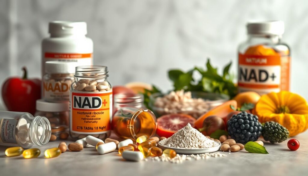 A detailed still life composition featuring various forms of NAD+ supplementation. In the foreground, capsules, tablets, and powder-filled containers of nicotinamide riboside (NR), nicotinamide mononucleotide (NMN), NADH, and NAD+ are arranged artfully on a neutral-toned surface. The middle ground showcases fresh fruits, vegetables, and other whole food ingredients associated with boosting NAD+ levels naturally. The background features soft lighting and a blurred, elegant backdrop, conveying a sense of scientific research and healthy longevity. The overall mood is one of thoughtful consideration of the different pathways to enhancing this crucial coenzyme. A detailed still life composition featuring various forms of NAD+ supplementation. In the foreground, capsules, tablets, and powder-filled containers of nicotinamide riboside (NR), nicotinamide mononucleotide (NMN), NADH, and NAD+ are arranged artfully on a neutral-toned surface. The middle ground showcases fresh fruits, vegetables, and other whole food ingredients associated with boosting NAD+ levels naturally. The background features soft lighting and a blurred, elegant backdrop, conveying a sense of scientific research and healthy longevity. The overall mood is one of thoughtful consideration of the different pathways to enhancing this crucial coenzyme.