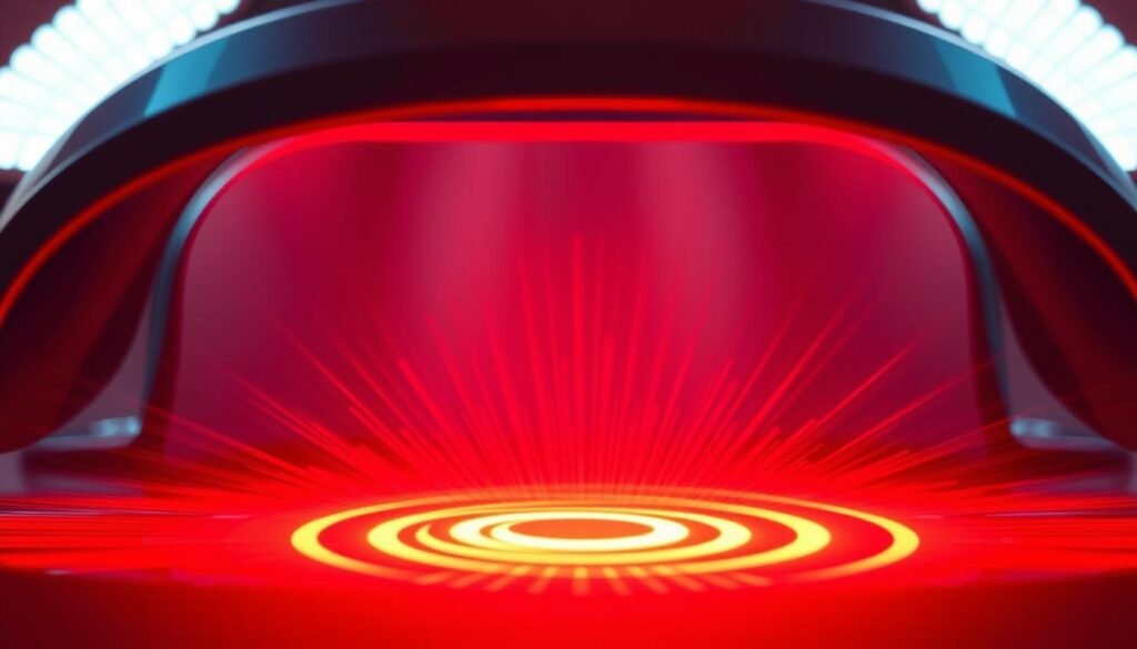A detailed visual representation of red light therapy wavelengths. In the foreground, a spectrum of vibrant red wavelengths, ranging from 600nm to 850nm, pulsing with energy. In the middle ground, a series of concentric circles depicting the intensity and distribution of the light. The background showcases a sleek, minimalist medical device, its metallic surface reflecting the warm glow of the red light. The scene is captured with a sharp, clinical lens, conveying the precise, scientific nature of red light therapy. The overall mood is one of technological sophistication and therapeutic potential. A detailed visual representation of red light therapy wavelengths. In the foreground, a spectrum of vibrant red wavelengths, ranging from 600nm to 850nm, pulsing with energy. In the middle ground, a series of concentric circles depicting the intensity and distribution of the light. The background showcases a sleek, minimalist medical device, its metallic surface reflecting the warm glow of the red light. The scene is captured with a sharp, clinical lens, conveying the precise, scientific nature of red light therapy. The overall mood is one of technological sophistication and therapeutic potential.
