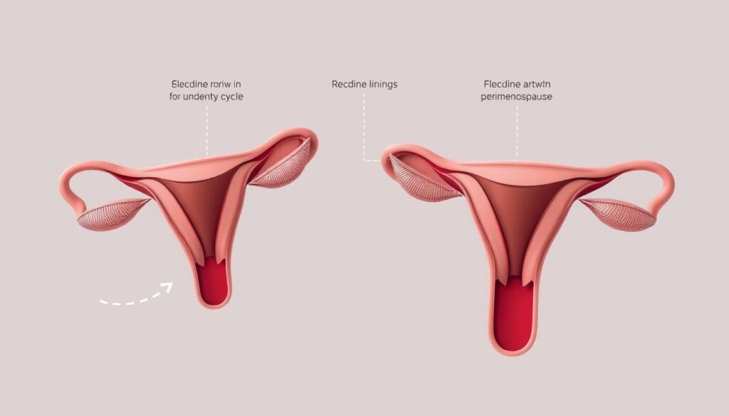A detailed visualization of the menstrual cycle, capturing the rhythmic changes in the uterine lining over time. Showcasing the cyclical shedding and regrowth, with subtle hues of red, pink, and soft grays. Rendered in a semi-realistic, scientific style with a clean, minimalist aesthetic. Highlights the monthly ebb and flow, the first signs of hormonal shifts that may precede perimenopause. Presented with a calm, educational tone to complement the subject matter.