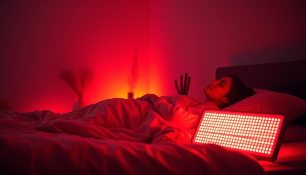 A dimly lit bedroom, illuminated by a soft, reddish-orange glow. In the foreground, a person lies comfortably on a plush bed, eyes closed, bathed in the soothing light emanating from a pair of red light therapy panels positioned at the foot of the bed. The middle ground features minimalist, nature-inspired decor, creating a serene and tranquil atmosphere. The background fades into a peaceful, muted gradient, suggesting a sense of privacy and retreat from the outside world. The lighting is warm, diffused, and gentle, promoting a state of deep relaxation and restorative sleep.