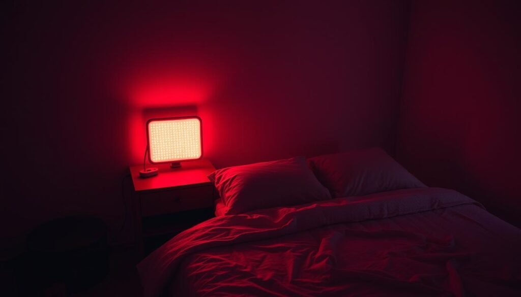 A dimly lit bedroom, illuminated by the warm glow of a red light therapy device. The device sits atop a bedside table, casting a soft, diffused light across the room. The walls are a calming neutral color, and a plush, comfortable-looking bed takes up the center of the frame. The lighting is low and atmospheric, creating a soothing, relaxing ambiance perfect for promoting deep, restorative sleep. The angle is slightly elevated, giving a birds-eye view of the scene, capturing the tranquil and intimate nature of the nighttime red light therapy session.