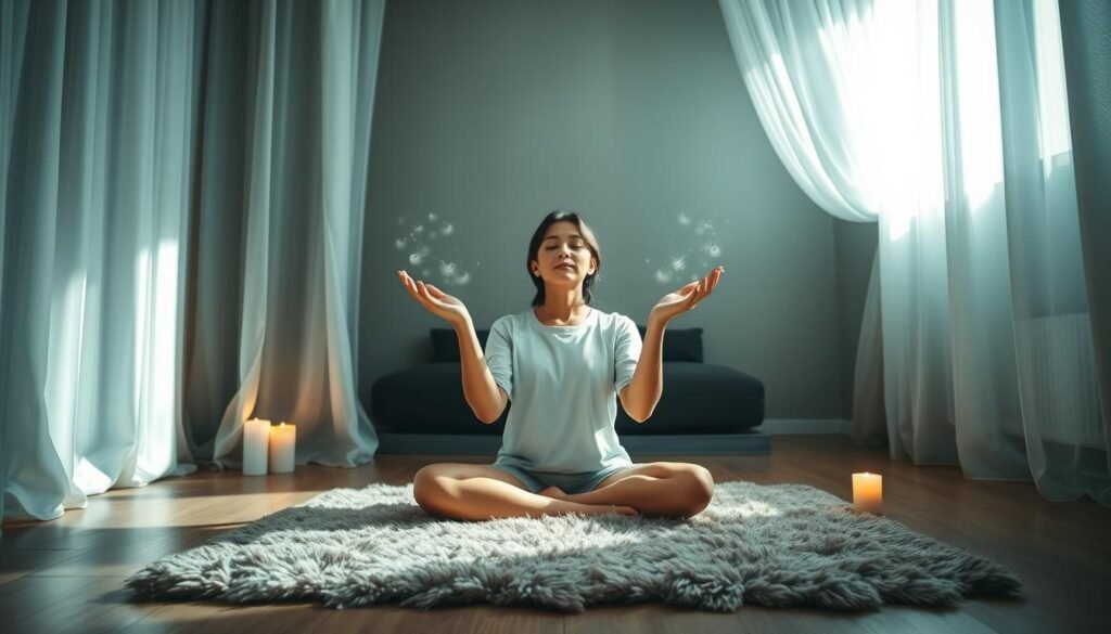 A dimly lit bedroom, soft natural light filtering through the curtains. In the center, a person sits cross-legged on a plush rug, their palms facing upwards. Wisps of energy, like shimmering auras, emanate from their hands, radiating a sense of tranquility and inner peace. The room is sparse, with a few crystals and candles providing a grounded, minimalist ambiance. The person's eyes are closed, their expression serene, as they focus on the flow of energy, connecting mind, body, and spirit. The atmosphere is one of healing, introspection, and the power of the unseen.