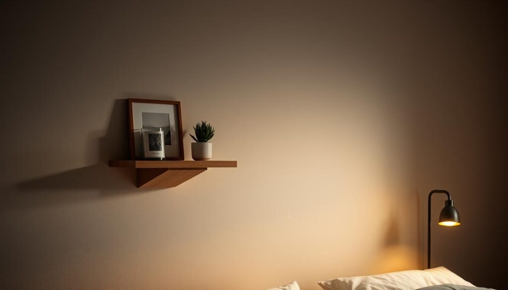 A dimly lit bedroom wall, illuminated by a soft, warm glow from a bedside lamp. The wall is made of smooth, neutral-toned plaster, with a subtle textural pattern adding depth and interest. A simple, minimalist wooden shelf or floating bracket is mounted at eye level, displaying a few carefully curated items like a small houseplant, a framed photograph, and a scented candle. The lighting casts gentle shadows, creating a cozy, relaxing atmosphere perfect for a soothing nighttime stretch routine. A dimly lit bedroom wall, illuminated by a soft, warm glow from a bedside lamp. The wall is made of smooth, neutral-toned plaster, with a subtle textural pattern adding depth and interest. A simple, minimalist wooden shelf or floating bracket is mounted at eye level, displaying a few carefully curated items like a small houseplant, a framed photograph, and a scented candle. The lighting casts gentle shadows, creating a cozy, relaxing atmosphere perfect for a soothing nighttime stretch routine.