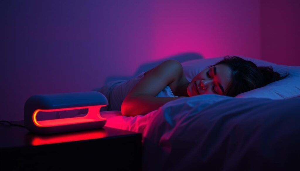 A dimly lit bedroom with a person resting peacefully on a bed, their face gently illuminated by the soft, reddish glow of a modern red light therapy device placed on a nightstand. The device's sleek, minimalist design emits a soothing, therapeutic light, casting a warm, tranquil ambiance throughout the room. The overall scene conveys a sense of relaxation and improved sleep quality, with subtle shadows and highlights emphasizing the calming effects of the red light therapy. A dimly lit bedroom with a person resting peacefully on a bed, their face gently illuminated by the soft, reddish glow of a modern red light therapy device placed on a nightstand. The device's sleek, minimalist design emits a soothing, therapeutic light, casting a warm, tranquil ambiance throughout the room. The overall scene conveys a sense of relaxation and improved sleep quality, with subtle shadows and highlights emphasizing the calming effects of the red light therapy.
