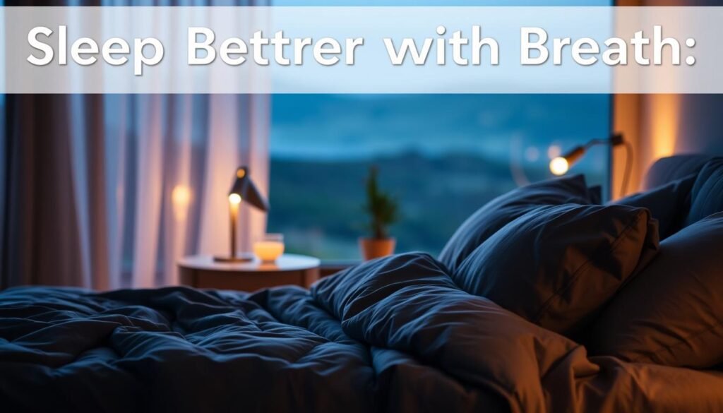 A dimly lit bedroom, with warm, soft lighting casting a gentle glow. In the foreground, a cozy bed with plush, inviting bedding in calming hues of gray and blue. Pillows and a thick, weighted blanket beckon for deep, restorative sleep. In the middle ground, a nightstand with a simple, minimalist lamp and a small, potted plant, suggesting a tranquil, nature-inspired ambiance. The background fades into a serene, blurred landscape, hinting at the tranquility and peace of this sleep-inducing setting. An atmosphere of calm, comfort, and relaxation pervades the scene, reflecting the title "Sleep Better with Breath: From Wind-Down to Deep Rest".