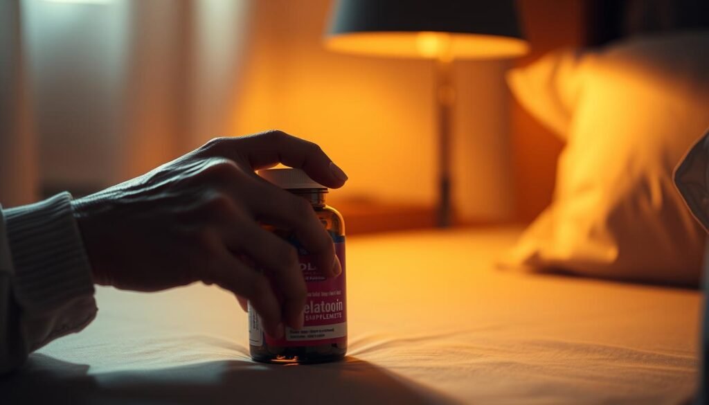 A dimly lit bedside table with an older adult's hand gently holding a bottle of melatonin supplements. The warm lighting casts a soft glow, emphasizing the wisdom and experience of the subject. The background is blurred, drawing the viewer's focus to the central scene. The composition is balanced, with the bottle and hand positioned to create a sense of contemplation and care. The overall mood is one of tranquility and the gentle embrace of restful sleep. A dimly lit bedside table with an older adult's hand gently holding a bottle of melatonin supplements. The warm lighting casts a soft glow, emphasizing the wisdom and experience of the subject. The background is blurred, drawing the viewer's focus to the central scene. The composition is balanced, with the bottle and hand positioned to create a sense of contemplation and care. The overall mood is one of tranquility and the gentle embrace of restful sleep.