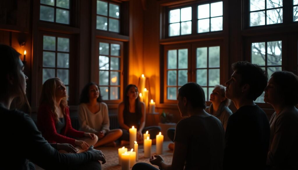 A dimly lit, cozy room with a group of people sitting in a circle, eyes closed, and engaged in deep, rhythmic breathing. Soft, natural lighting filters in through large windows, creating a serene, meditative atmosphere. Candles flicker, casting warm, flickering shadows on the walls. The participants' faces are serene, their expressions focused and introspective, as they journey inward through the power of holotropic breathwork. The scene captures the essence of this profound self-exploration technique, inviting the viewer to consider its transformative potential. A dimly lit, cozy room with a group of people sitting in a circle, eyes closed, and engaged in deep, rhythmic breathing. Soft, natural lighting filters in through large windows, creating a serene, meditative atmosphere. Candles flicker, casting warm, flickering shadows on the walls. The participants' faces are serene, their expressions focused and introspective, as they journey inward through the power of holotropic breathwork. The scene captures the essence of this profound self-exploration technique, inviting the viewer to consider its transformative potential.