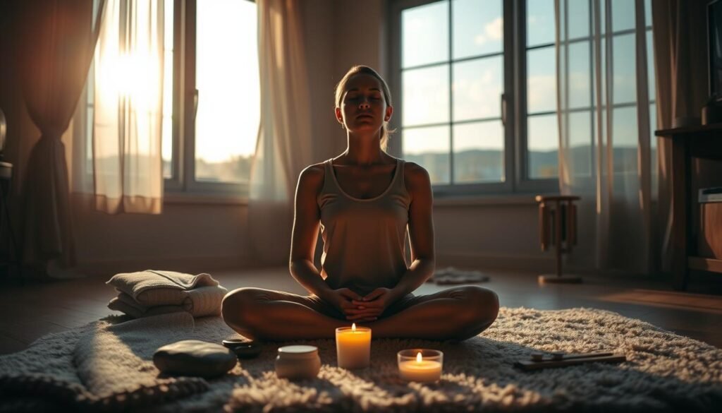 A dimly lit, cozy room with soft, warm lighting. In the foreground, a person sitting cross-legged on a plush rug, their eyes closed in deep concentration. Their expression is serene, their shoulders relaxed. Surrounding them, an array of sensory objects - a smooth river stone, a scented candle, a soft blanket, a set of chimes. The middle ground features a large window, letting in a gentle natural light, framed by flowing curtains. In the background, a tranquil landscape seen through the window, perhaps a peaceful garden or a calming body of water. The overall atmosphere is one of grounding, mindfulness, and a sense of being present in the moment, helping to alleviate the anxiety and stress. A dimly lit, cozy room with soft, warm lighting. In the foreground, a person sitting cross-legged on a plush rug, their eyes closed in deep concentration. Their expression is serene, their shoulders relaxed. Surrounding them, an array of sensory objects - a smooth river stone, a scented candle, a soft blanket, a set of chimes. The middle ground features a large window, letting in a gentle natural light, framed by flowing curtains. In the background, a tranquil landscape seen through the window, perhaps a peaceful garden or a calming body of water. The overall atmosphere is one of grounding, mindfulness, and a sense of being present in the moment, helping to alleviate the anxiety and stress.