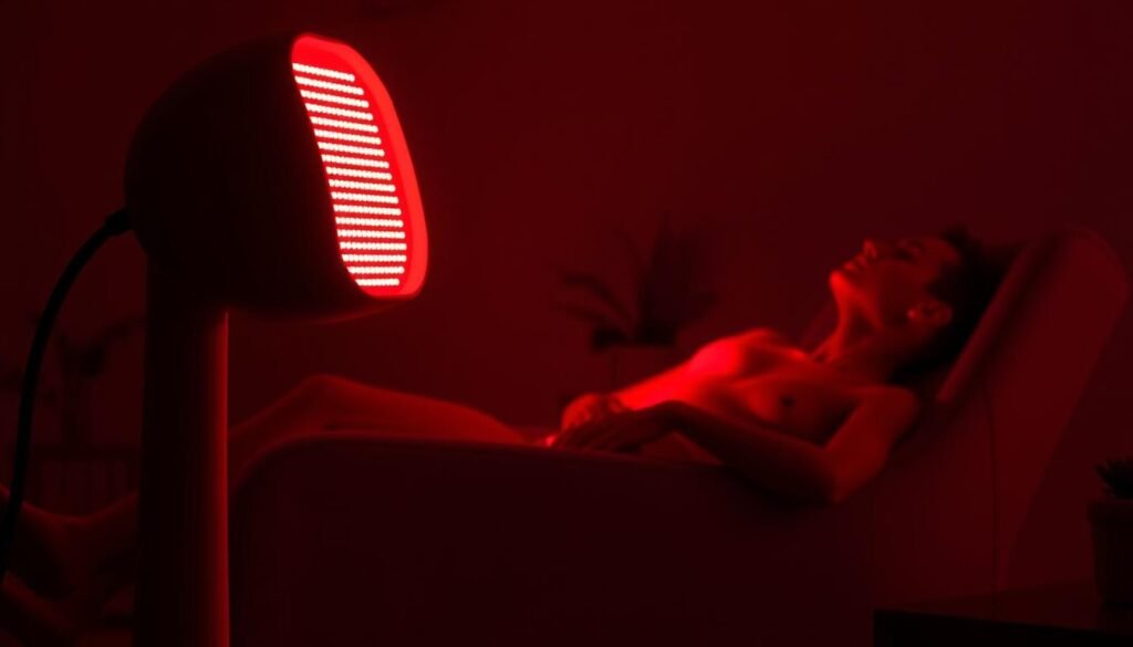 A dimly lit, intimate setting showcasing the therapeutic glow of a red light therapy device. In the foreground, the device emits a warm, pulsing crimson radiance, casting a soft, enveloping light over a relaxed human form reclining in a comfortable chair. The middle ground features subtle details like the smooth, ergonomic design of the device and perhaps a few ambient accessories like plants or minimal decor, all bathed in the reddish hue. The background gently fades into a neutral, unobtrusive backdrop, allowing the central focus to be the captivating interplay of light and human form. The overall mood is one of tranquility, restoration, and the therapeutic power of photobiomodulation.