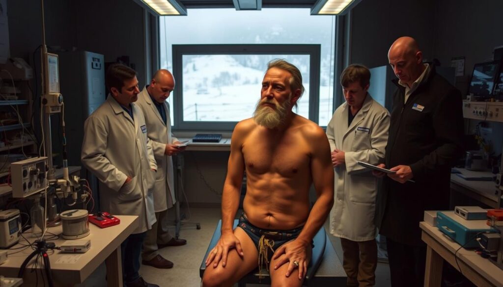 A dimly lit laboratory setting, with a group of scientists intently studying Wim Hof, the renowned "Iceman," as he undergoes a cold exposure experiment. The foreground features Wim Hof seated, his bare torso exposed to the chill, while a team of researchers monitor his vital signs and take notes. The middle ground showcases various scientific equipment, such as thermometers, electrodes, and data-recording devices, highlighting the rigorous, controlled nature of the study. In the background, a large, clear window offers a glimpse of a snowy, winter landscape, emphasizing the extreme environmental conditions Wim Hof is challenging. The scene conveys a sense of scientific inquiry, with an atmosphere of focused intensity and deep contemplation of the physiological and psychological mechanisms behind Wim Hof's remarkable cold-resilience abilities.