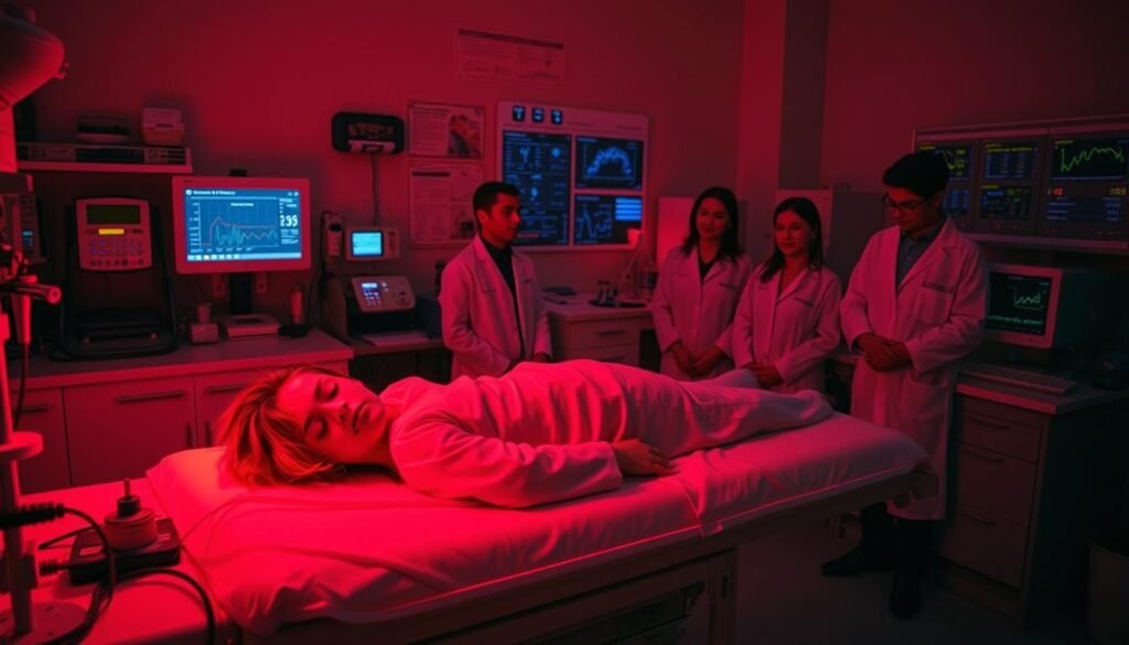 A dimly lit laboratory setting with a serene, dreamlike atmosphere. In the foreground, a sleeping subject reclines on a medical examination table, bathed in the warm glow of red LED lights. Surrounding the table, various scientific instruments and monitoring equipment lend an air of clinical precision. In the middle ground, researchers in lab coats observe the subject, their faces softly illuminated by the red light. The background features a wall of state-of-the-art sleep monitoring devices, charts, and data displays, hinting at the ongoing research into the effects of red light on melatonin production and sleep quality. A dimly lit laboratory setting with a serene, dreamlike atmosphere. In the foreground, a sleeping subject reclines on a medical examination table, bathed in the warm glow of red LED lights. Surrounding the table, various scientific instruments and monitoring equipment lend an air of clinical precision. In the middle ground, researchers in lab coats observe the subject, their faces softly illuminated by the red light. The background features a wall of state-of-the-art sleep monitoring devices, charts, and data displays, hinting at the ongoing research into the effects of red light on melatonin production and sleep quality.