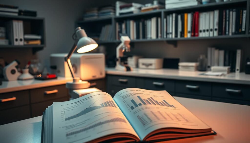 A dimly lit laboratory setting, with various scientific instruments and equipment arranged neatly on clean, well-organized workbenches. In the foreground, an open medical journal lies open, displaying detailed graphs and charts that illustrate the efficacy of integrative medicine techniques. The pages are illuminated by the soft glow of a desk lamp, casting a warm, contemplative atmosphere. In the middle ground, a microscope stands ready, suggesting ongoing research and analysis. The background features shelves lined with textbooks and reference materials, hinting at the depth of knowledge and evidence supporting the practice of integrative medicine. The overall scene conveys a sense of thoughtful, rigorous investigation into the benefits of this holistic approach to healthcare.