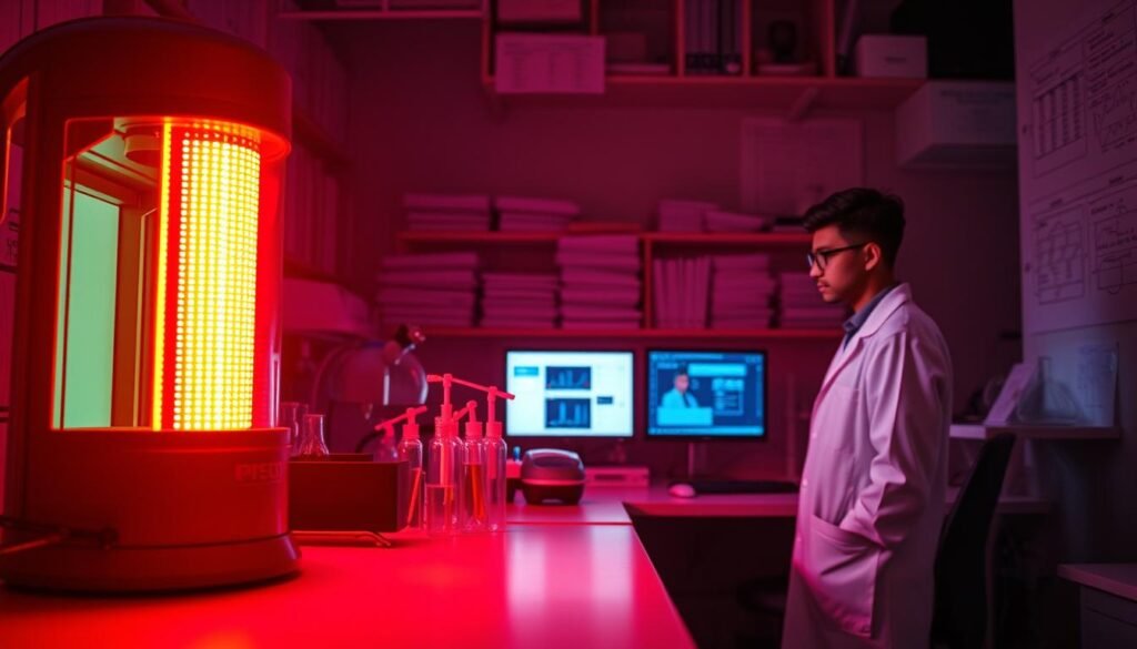 A dimly lit research laboratory filled with scientific equipment and glowing red lights. In the foreground, a high-tech device emits a warm, pulsing red glow, casting an intense yet soothing light across the scene. In the middle ground, a scientist in a white lab coat carefully examines data on a computer screen, surrounded by rows of test tubes and beakers. The background is hazy, with shelves of reference books and technical diagrams lining the walls, conveying a sense of deep, intellectual inquiry. The overall atmosphere is one of focused, meticulous research into the potential benefits of red light therapy.