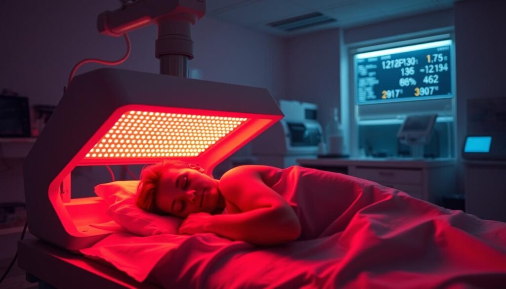 A dimly lit research laboratory, with a sleeping human subject resting under a warm, red-tinted light therapy panel. The soft, diffused glow of the red light creates a serene, relaxing atmosphere, hinting at the restorative effects on the subject's sleep cycles. The room is clean and sterile, with scientific equipment and data displays in the background, conveying the experimental nature of the research. The camera angle is slightly elevated, capturing the scene from an observer's perspective, allowing the viewer to fully immerse themselves in the tranquil, research-focused environment.