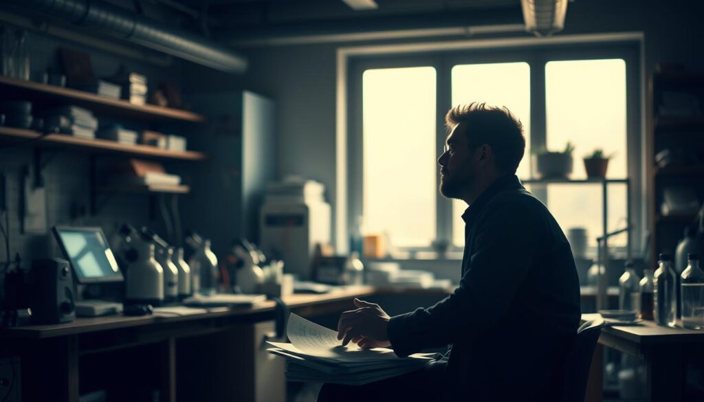 A dimly lit research laboratory, with various scientific instruments and equipment scattered across a cluttered workbench. Soft, warm lighting filters in through a large window, casting a serene glow on the scene. In the foreground, a scientist sits, deep in contemplation, their hands gently resting on a stack of research papers. The background is blurred, drawing the viewer's attention to the central figure, who appears to be lost in thought, exploring the nuances and complexities of the data before them. The atmosphere is one of focused concentration, with a sense of quiet discovery and the pursuit of understanding.