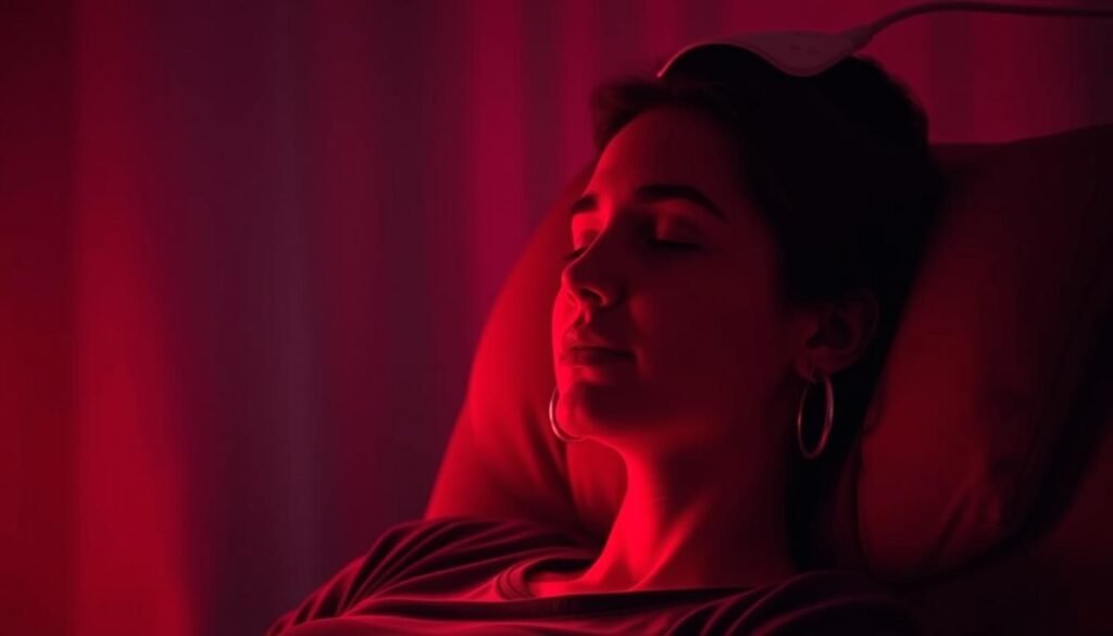 A dimly lit room, bathed in a warm, crimson glow. The scene depicts a person relaxing on a comfortable chair, their face illuminated by the soft, pulsing light of a red light therapy device. The device is positioned at an angle, casting a gentle, diffused light across the subject's features, highlighting the contours of their face. The background is hazy, with subtle hints of shadows and textures, creating a calming, meditative atmosphere. The lighting is carefully crafted to evoke a sense of tranquility and introspection, reflecting the restorative effects of red light therapy on the brain's melatonin production. A dimly lit room, bathed in a warm, crimson glow. The scene depicts a person relaxing on a comfortable chair, their face illuminated by the soft, pulsing light of a red light therapy device. The device is positioned at an angle, casting a gentle, diffused light across the subject's features, highlighting the contours of their face. The background is hazy, with subtle hints of shadows and textures, creating a calming, meditative atmosphere. The lighting is carefully crafted to evoke a sense of tranquility and introspection, reflecting the restorative effects of red light therapy on the brain's melatonin production.