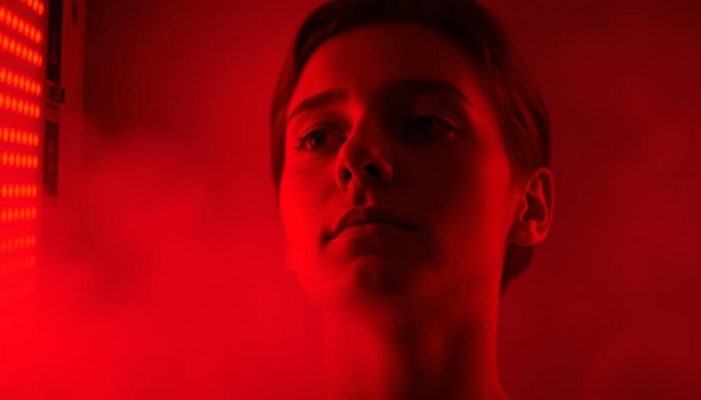 A dimly lit room, bathed in the soft, crimson glow of a specialized red light therapy panel. The scene depicts a person's face, their features illuminated by the warm, diffuse light, casting subtle shadows that accentuate the contours of their face. The room is enveloped in a hazy, dreamlike atmosphere, creating a sense of tranquility and relaxation. The red light emits a gentle, pulsing rhythm, mirroring the natural circadian rhythms of the human body. The person's eyes are open, their gaze calm and focused, as they experience the unique effects of the red light on their visual perception and melatonin production. The scene conveys a sense of introspection and inner exploration, reflecting the special considerations of red light therapy for night vision, sleep architecture, and overall safety. A dimly lit room, bathed in the soft, crimson glow of a specialized red light therapy panel. The scene depicts a person's face, their features illuminated by the warm, diffuse light, casting subtle shadows that accentuate the contours of their face. The room is enveloped in a hazy, dreamlike atmosphere, creating a sense of tranquility and relaxation. The red light emits a gentle, pulsing rhythm, mirroring the natural circadian rhythms of the human body. The person's eyes are open, their gaze calm and focused, as they experience the unique effects of the red light on their visual perception and melatonin production. The scene conveys a sense of introspection and inner exploration, reflecting the special considerations of red light therapy for night vision, sleep architecture, and overall safety.