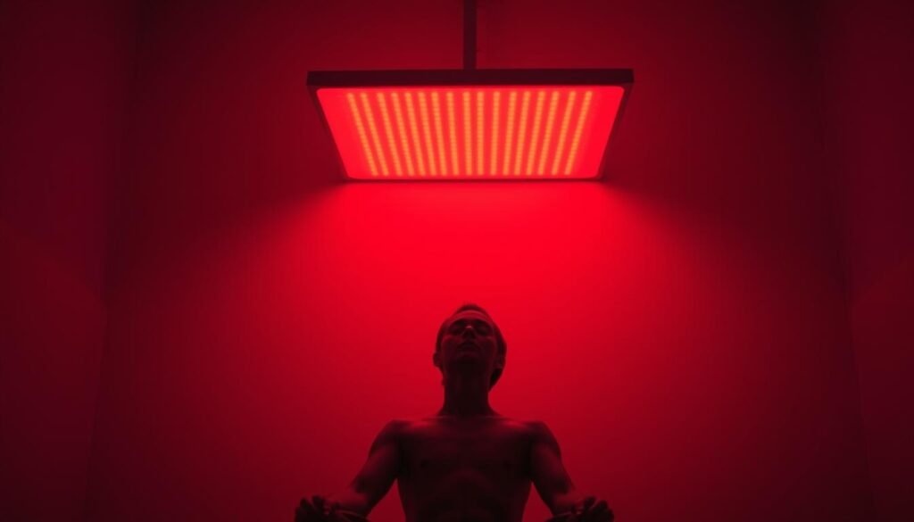 A dimly lit room with a warm, amber glow emanating from a large, rectangular red light therapy device positioned prominently in the center. The device's surface is sleek and modern, casting a soft, diffuse illumination that bathes the space in a tranquil, soothing ambiance. In the foreground, a figure sits relaxed, their face and body bathed in the therapeutic red light, eyes closed in a meditative state. The background is subtly blurred, emphasizing the focus on the red light therapy device and the person's experience. The overall scene conveys a sense of calmness, relaxation, and the therapeutic effects of red light on the human body and mind. A dimly lit room with a warm, amber glow emanating from a large, rectangular red light therapy device positioned prominently in the center. The device's surface is sleek and modern, casting a soft, diffuse illumination that bathes the space in a tranquil, soothing ambiance. In the foreground, a figure sits relaxed, their face and body bathed in the therapeutic red light, eyes closed in a meditative state. The background is subtly blurred, emphasizing the focus on the red light therapy device and the person's experience. The overall scene conveys a sense of calmness, relaxation, and the therapeutic effects of red light on the human body and mind.