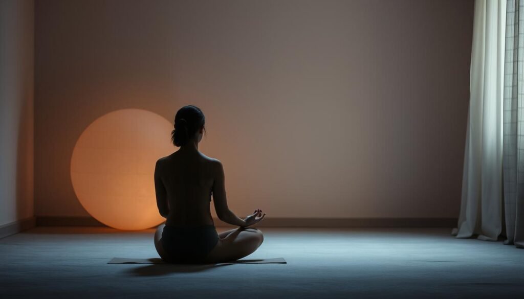 A dimly lit, soothing, and calming scene depicting the conditions that somatic therapy can help address. In the foreground, a person in a serene, meditative pose, their body language conveying a sense of grounding and internal connection. In the middle ground, a soft, diffused lighting creates a tranquil atmosphere, with subtle textures and patterns suggesting a natural, earthy environment. In the background, muted, pastel-toned shapes and forms evoke a sense of balance, harmony, and emotional well-being. The overall composition elicits a sense of peace, resilience, and the journey towards self-acceptance and embodied awareness.
