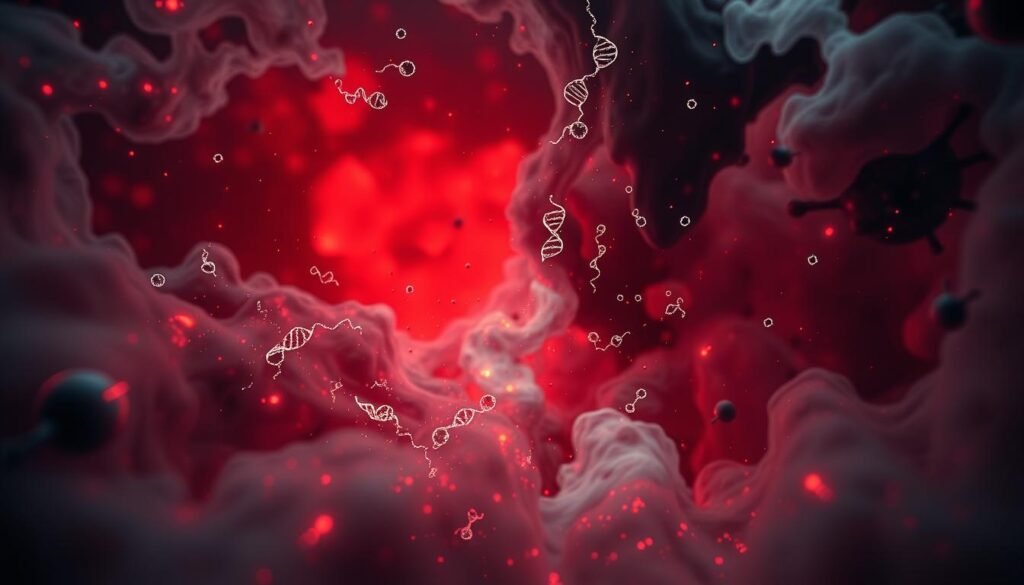A dramatic close-up of oxidative stress, with swirling clouds of reactive oxygen species radiating from a central point. The foreground features glowing, unstable free radicals colliding and fracturing cellular structures, while the middle ground depicts damaged DNA and proteins. In the background, a hazy, red-tinted atmosphere conveys the atmosphere of inflammation and cellular distress. Dramatic chiaroscuro lighting casts deep shadows, emphasizing the destructive nature of this process. Captured with a cinematic, wide-angle lens to heighten the sense of scale and intensity.