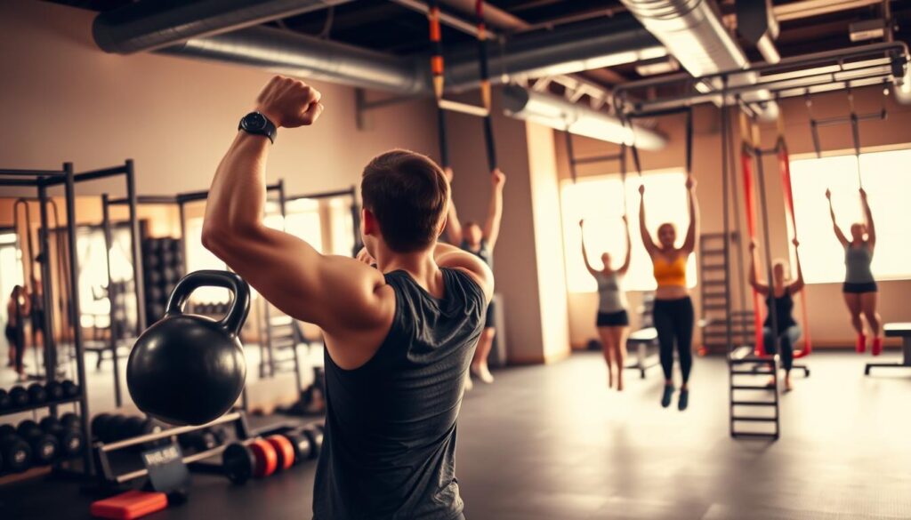 A functional training studio filled with dynamic workout equipment. In the foreground, a person performs a kettlebell swing, their powerful muscles flexing. In the middle ground, others engage in suspension training, bodies suspended in the air. The background reveals various free weights, resistance bands, and agility ladders, suggesting a versatile, functional space. Warm, focused lighting illuminates the scene, capturing the intensity and purpose of this training environment. The overall atmosphere conveys a sense of strength, discipline, and real-world applicability. A functional training studio filled with dynamic workout equipment. In the foreground, a person performs a kettlebell swing, their powerful muscles flexing. In the middle ground, others engage in suspension training, bodies suspended in the air. The background reveals various free weights, resistance bands, and agility ladders, suggesting a versatile, functional space. Warm, focused lighting illuminates the scene, capturing the intensity and purpose of this training environment. The overall atmosphere conveys a sense of strength, discipline, and real-world applicability.