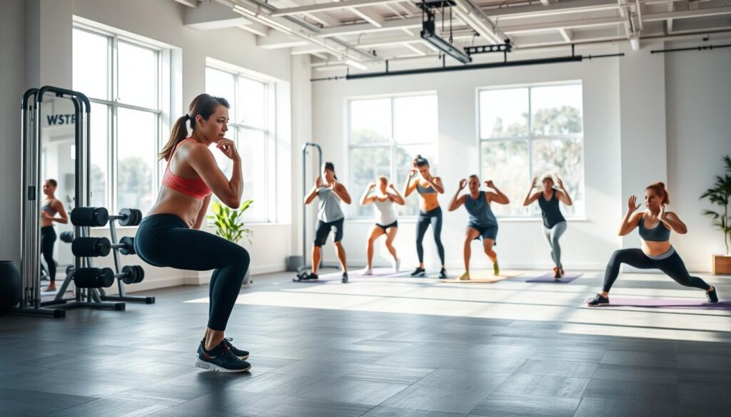 A functional training studio setting with a well-lit, airy atmosphere. In the foreground, a person performs a dynamic squat with perfect form, their body in motion against a backdrop of sleek, modern fitness equipment. In the middle ground, individuals engage in a variety of functional movements such as lunges, push-ups, and core exercises, their expressions focused and determined. The background features minimalist decor, clean lines, and large windows that allow natural light to pour in, creating a sense of openness and tranquility. The overall scene conveys the essence of functional training as a holistic approach to everyday strength and wellness.