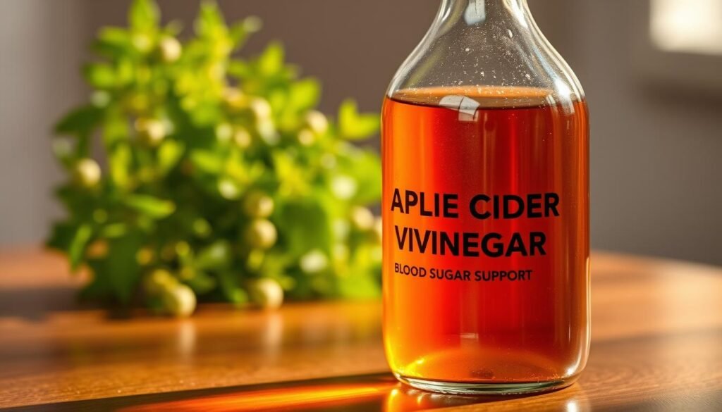 A glass bottle filled with amber-colored apple cider vinegar, positioned on a wooden table. The liquid reflects light, creating a glossy, inviting surface. In the background, a soft, blurred scene of a lush, green plant or herb, symbolizing the natural, healthful properties of the vinegar. The lighting is warm and natural, casting gentle shadows that add depth and dimension to the scene. The overall mood is one of wellness, balance, and the potential for blood sugar support.