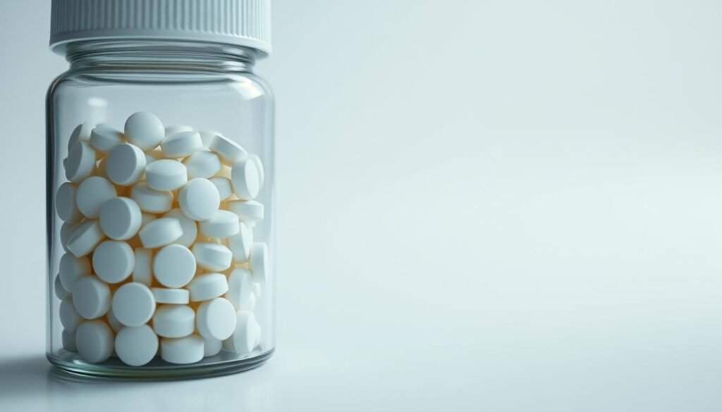 A glass bottle filled with white circular pills, reflecting the soft lighting of an airy, minimalist setting. The foreground features the bottle and pills in sharp focus, conveying a sense of precision and clarity. The middle ground showcases a neutral, clean background, allowing the subject to take center stage. The overall mood is one of simplicity, order, and the careful consideration of dosage. Captured with a wide-angle lens to emphasize the importance of the subject matter. A glass bottle filled with white circular pills, reflecting the soft lighting of an airy, minimalist setting. The foreground features the bottle and pills in sharp focus, conveying a sense of precision and clarity. The middle ground showcases a neutral, clean background, allowing the subject to take center stage. The overall mood is one of simplicity, order, and the careful consideration of dosage. Captured with a wide-angle lens to emphasize the importance of the subject matter.