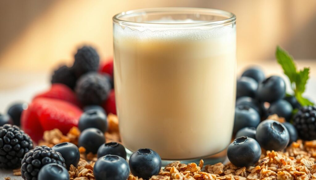 A glass filled with a creamy, pale-yellow kefir drink, frothy and bubbly on the surface. The kefir is surrounded by an array of fresh, vibrant ingredients - plump blackberries, juicy blueberries, and crunchy granola. Rays of warm, golden light illuminate the scene, casting a soft, natural glow. The composition is balanced and visually appealing, showcasing the richness and diversity of the kefir drink. The overall mood is one of health, vitality, and the goodness of nature's fermented gifts. A glass filled with a creamy, pale-yellow kefir drink, frothy and bubbly on the surface. The kefir is surrounded by an array of fresh, vibrant ingredients - plump blackberries, juicy blueberries, and crunchy granola. Rays of warm, golden light illuminate the scene, casting a soft, natural glow. The composition is balanced and visually appealing, showcasing the richness and diversity of the kefir drink. The overall mood is one of health, vitality, and the goodness of nature's fermented gifts.