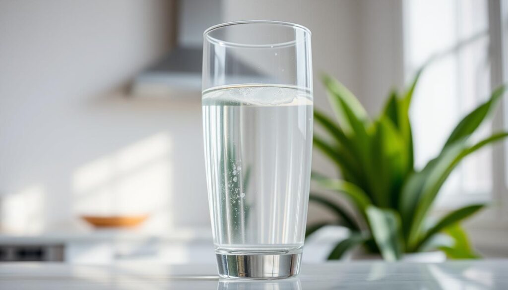 A glass filled with crystal clear alkaline water, reflecting the soft, natural lighting of an airy, minimalist kitchen. The water has a subtle shimmer, hinting at its high pH level. In the background, a set of leafy green plants add a sense of vitality and balance. The overall composition conveys a sense of purity, wellness, and the potential health benefits of alkaline water. The image is captured with a clean, elegant aesthetic, suitable for illustrating the section on the claims and evidence around alkaline water and cancer prevention. A glass filled with crystal clear alkaline water, reflecting the soft, natural lighting of an airy, minimalist kitchen. The water has a subtle shimmer, hinting at its high pH level. In the background, a set of leafy green plants add a sense of vitality and balance. The overall composition conveys a sense of purity, wellness, and the potential health benefits of alkaline water. The image is captured with a clean, elegant aesthetic, suitable for illustrating the section on the claims and evidence around alkaline water and cancer prevention.