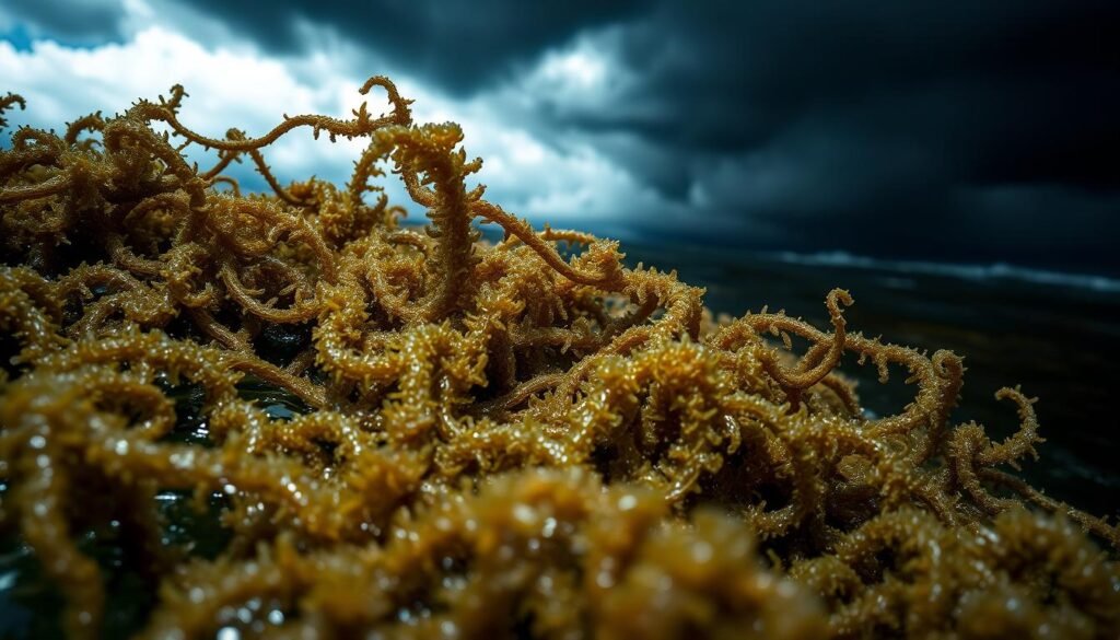 A gritty, close-up view of sea moss, its fronds twisting and tangled, partially obscured by murky, turbulent waters. The lighting is moody and dramatic, casting deep shadows and highlights that accentuate the textural details of the plant. In the background, ominous storm clouds loom, hinting at potential environmental hazards. The overall mood is one of caution and concern, reflecting the risks and downsides associated with sea moss consumption, such as iodine variability, heavy metal contamination, and quality control issues. A gritty, close-up view of sea moss, its fronds twisting and tangled, partially obscured by murky, turbulent waters. The lighting is moody and dramatic, casting deep shadows and highlights that accentuate the textural details of the plant. In the background, ominous storm clouds loom, hinting at potential environmental hazards. The overall mood is one of caution and concern, reflecting the risks and downsides associated with sea moss consumption, such as iodine variability, heavy metal contamination, and quality control issues.
