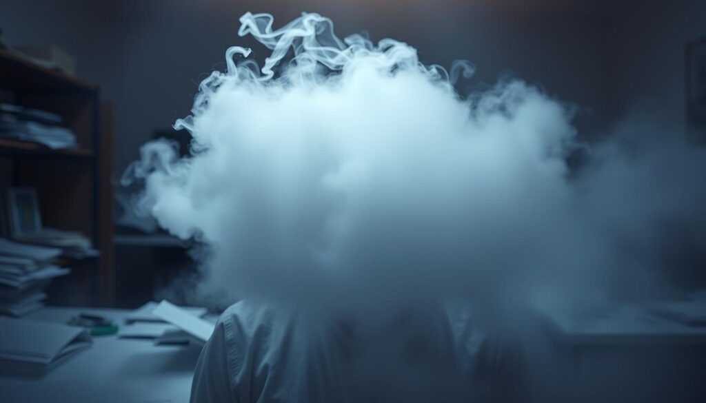 A hazy, dreamlike scene depicting the experience of brain fog. In the foreground, a person's head is enveloped in a thick, swirling mist, obscuring their features. The middle ground shows a cluttered, disorganized workspace with scattered papers and half-finished tasks, symbolizing the mental disarray. In the background, a dimly lit room fades into a soft, muted palette, creating a sense of mental fatigue and lack of focus. Soft, diffused lighting casts a melancholic glow, heightening the sense of mental cloudiness. The overall atmosphere conveys the overwhelming sensation of cognitive dysfunction and the need for natural remedies to restore mental clarity.
